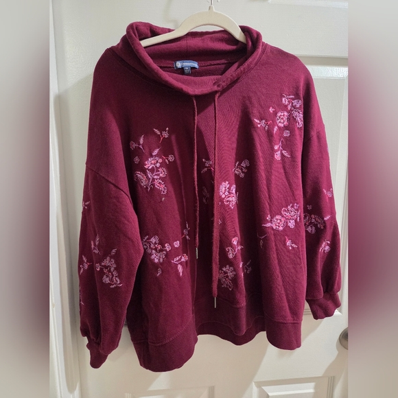 Democracy Burgundy Floral Embroidered Funnel Neck Pullover Sweatshirt - Picture 1 of 7